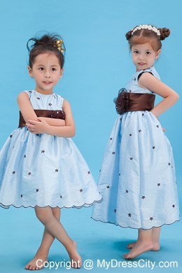 Baby Blue Scoop Neckline Appliques and Belt Decorate Flower Girl Dress