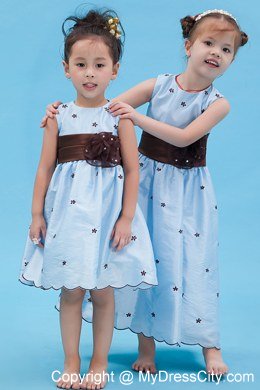 Baby Blue Scoop Neckline Appliques and Belt Decorate Flower Girl Dress