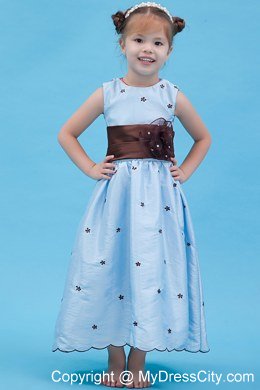 Baby Blue Scoop Neckline Appliques and Belt Decorate Flower Girl Dress