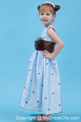 Baby Blue Scoop Neckline Appliques and Belt Decorate Flower Girl Dress