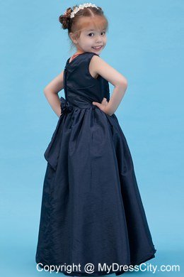 Navy Blue A-line Floor-length Flower Girl Dress V-neck Style With Flowers