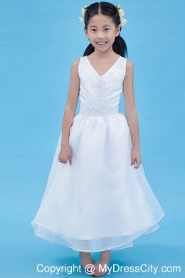 A-line V-neck Ankle-length Organza Appliques Flower Girl Dress