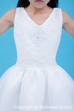 A-line V-neck Ankle-length Organza Appliques Flower Girl Dress