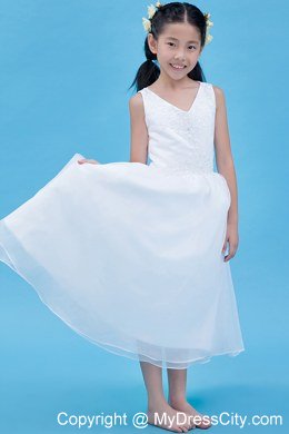 A-line V-neck Ankle-length Organza Appliques Flower Girl Dress