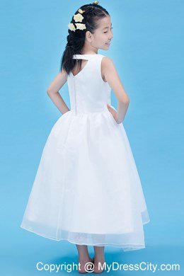 A-line V-neck Ankle-length Organza Appliques Flower Girl Dress