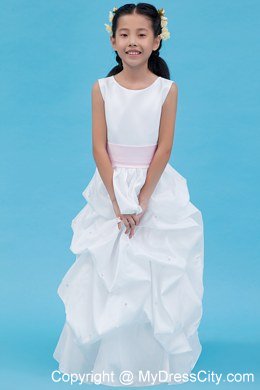 Floor-length White Flower Girl Dress A-line Style with Scoop and Belt