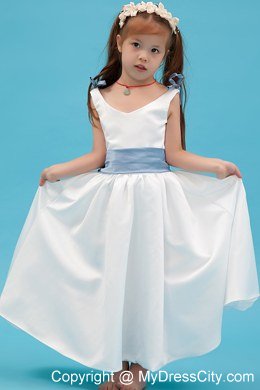 White A-line Ankle-length for V-nec Flower Girl Dress with Blue Belt