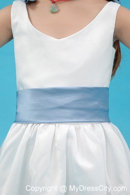 White A-line Ankle-length for V-nec Flower Girl Dress with Blue Belt