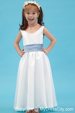 White A-line Ankle-length for V-nec Flower Girl Dress with Blue Belt