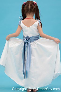 White A-line Ankle-length for V-nec Flower Girl Dress with Blue Belt