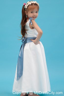 White A-line Ankle-length for V-nec Flower Girl Dress with Blue Belt