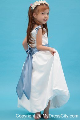 White A-line Ankle-length for V-nec Flower Girl Dress with Blue Belt