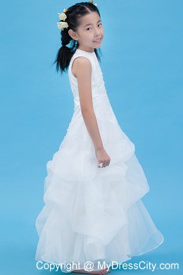 White A-line Scoop Appliques Decorate Flower Girl Dress Ankle-length Style