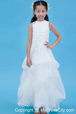 White A-line Scoop Appliques Decorate Flower Girl Dress Ankle-length Style