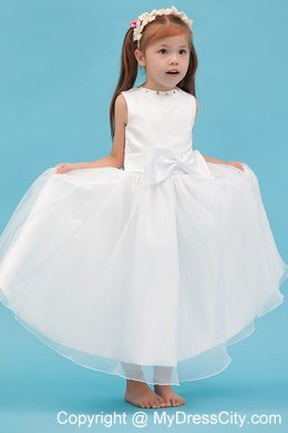 Scoop Neckline Ankle-length Flower Girl Dress with Sash and Bowknot