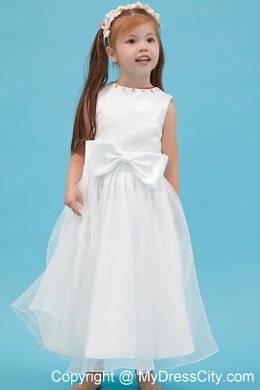 Scoop Neckline Ankle-length Flower Girl Dress with Sash and Bowknot