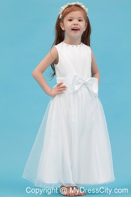 Scoop Neckline Ankle-length Flower Girl Dress with Sash and Bowknot