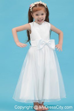 Scoop Neckline Ankle-length Flower Girl Dress with Sash and Bowknot