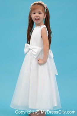 Scoop Neckline Ankle-length Flower Girl Dress with Sash and Bowknot