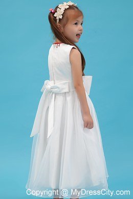 Scoop Neckline Ankle-length Flower Girl Dress with Sash and Bowknot