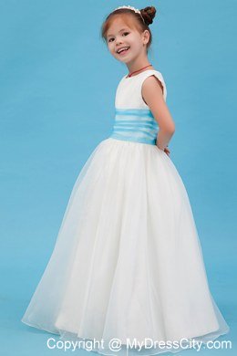 A-line Floor-length Flower Girl Dress Belt Decorate Scoop Neckline Style