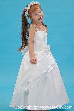 White A-line Floor-length Flower Girl Dress with Straps Sash and Bowknot