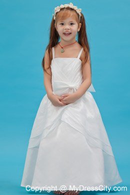 White A-line Floor-length Flower Girl Dress with Straps Sash and Bowknot