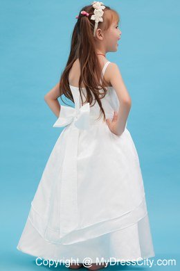 White A-line Floor-length Flower Girl Dress with Straps Sash and Bowknot