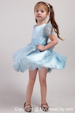 Blue Knee-length Little Girl Dress Scoop Short Sleeves Style with Bowknot