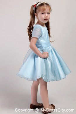 Blue Knee-length Little Girl Dress Scoop Short Sleeves Style with Bowknot