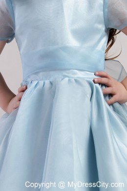 Blue Knee-length Little Girl Dress Scoop Short Sleeves Style with Bowknot