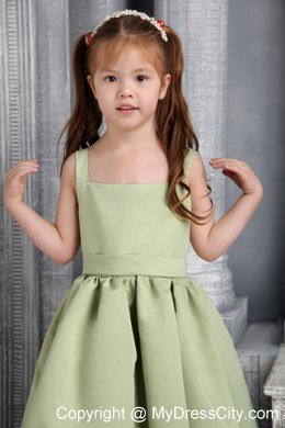 Olive Green A-line wtih Straps Belt and Bowknot Tea-length Little Girl Dress