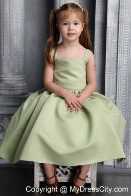 Olive Green A-line wtih Straps Belt and Bowknot Tea-length Little Girl Dress