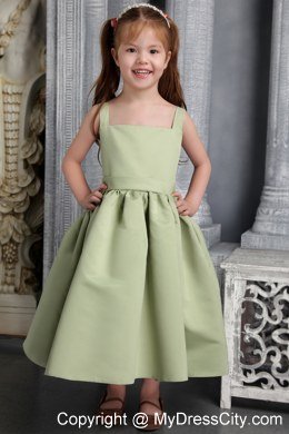 Olive Green A-line wtih Straps Belt and Bowknot Tea-length Little Girl Dress