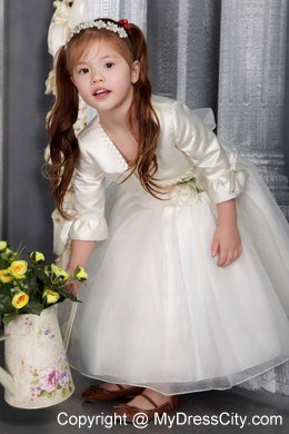 Scoop Tea-length Sach And Flower Decorate Flower Girl Dress with Jacket