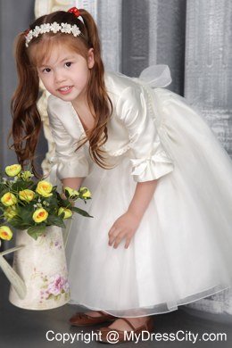 Scoop Tea-length Sach And Flower Decorate Flower Girl Dress with Jacket