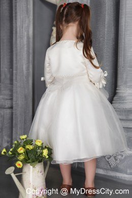 Scoop Tea-length Sach And Flower Decorate Flower Girl Dress with Jacket