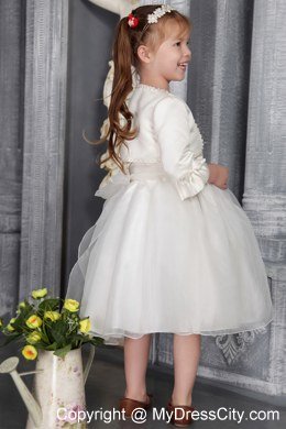 Scoop Tea-length Sach And Flower Decorate Flower Girl Dress with Jacket