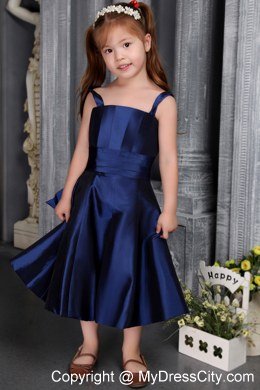 Navy Blue A-line Tea-length Flower Girl Dress with Straps and Bow