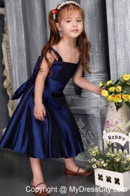 Navy Blue A-line Tea-length Flower Girl Dress with Straps and Bow