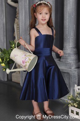 Navy Blue A-line Tea-length Flower Girl Dress with Straps and Bow