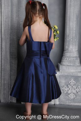 Navy Blue A-line Tea-length Flower Girl Dress with Straps and Bow