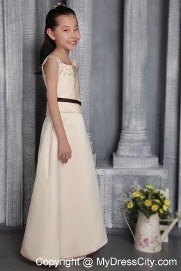 Champagne Column Square Flower Girl Dress with Appliques And Sash