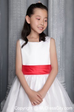 Princess Scoop Floor-length Flower Girl Dress Red Belt Accent