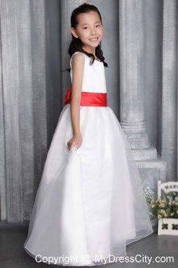 Princess Scoop Floor-length Flower Girl Dress Red Belt Accent