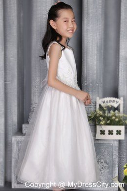 A-line Ankle-length Scoop and Appliques Designed Flower Girl Dress