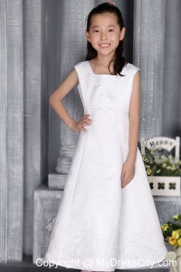 White A-line Square floor-length Flower Girl Dress Embriodery Decorate