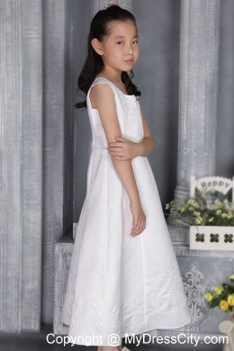 White A-line Square floor-length Flower Girl Dress Embriodery Decorate