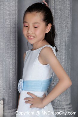 A-line Scoop Tea-length Flower Girl Dress with Light Blue Belt