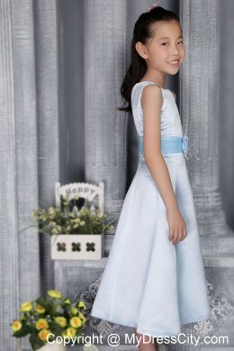 A-line Scoop Tea-length Flower Girl Dress with Light Blue Belt